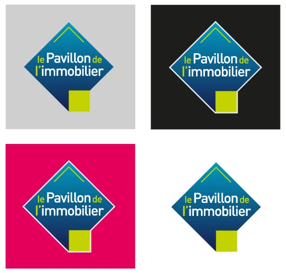 Déclinaisons du logo Le Pavillon de l’immobilier sur fonds clair, sombre et coloré