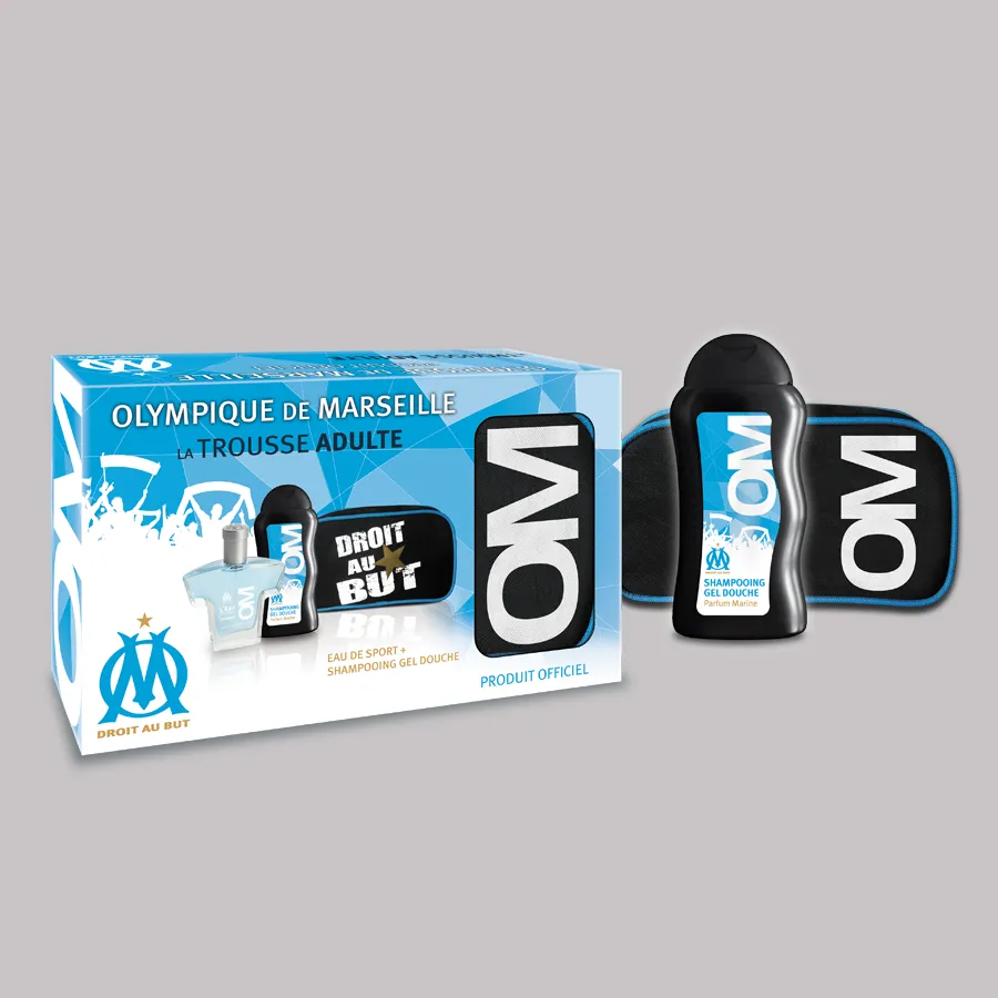 Packaging d’une trousse de soin sous licence Olympique de Marseille pour Aroma Therapeutics