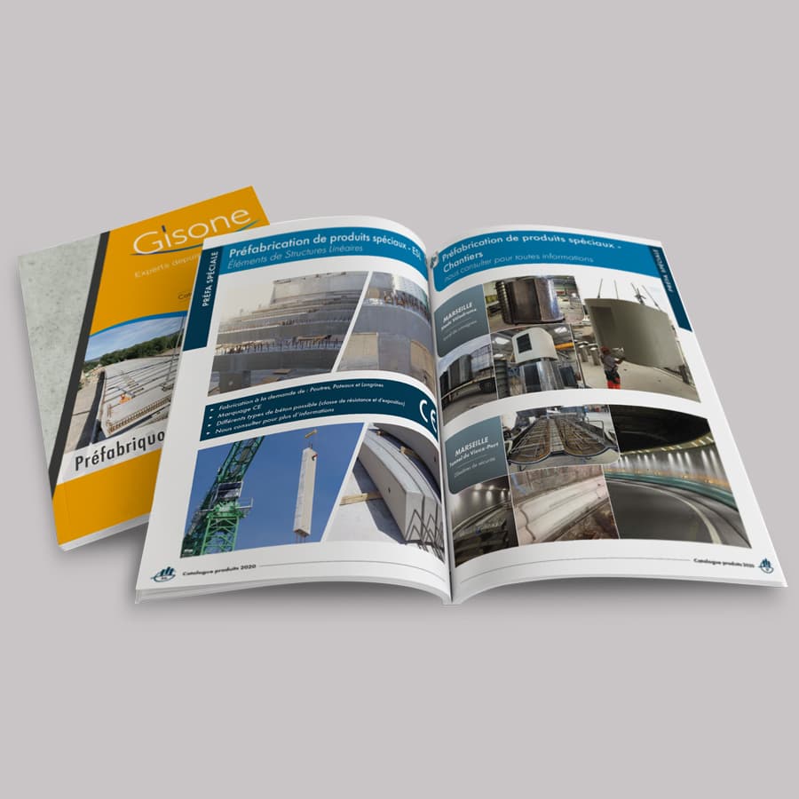 Catalogue produits Gisone : double page préfabrication de produits spéciaux et chantiers