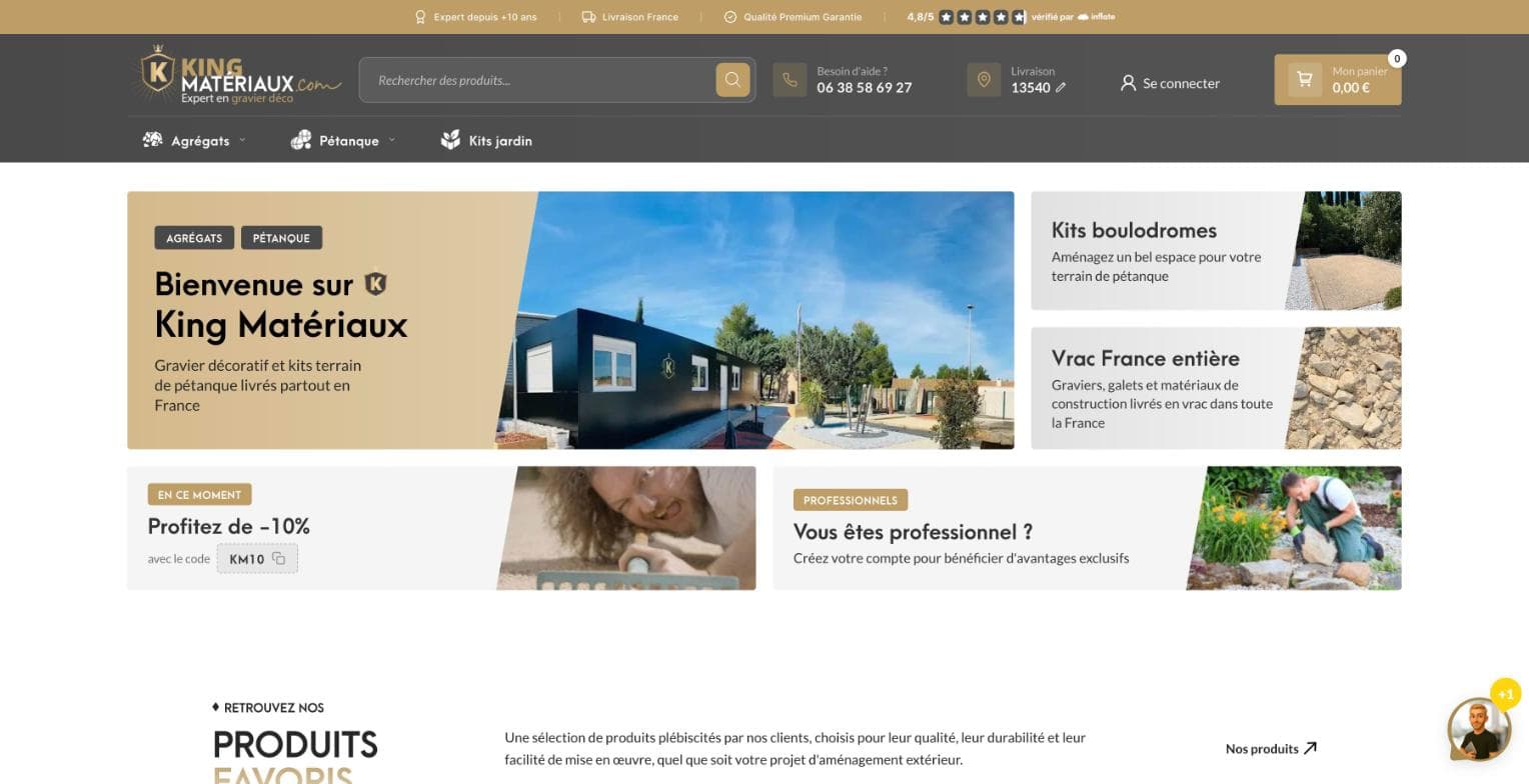 Page d’accueil de kingmateriaux.com : saisie du code postal et univers agrégats, pétanque, kits jardin