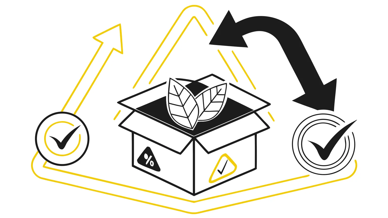 Illustration : un carton marqué d’une feuille entouré de flèches de recyclage et de coches de validation