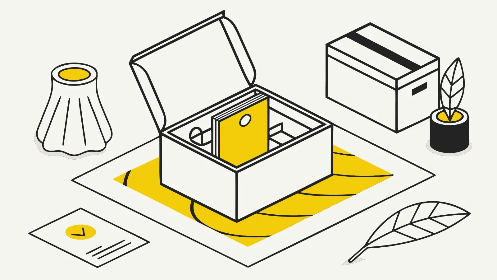 Illustration : une boîte ouverte, son couvercle posé à côté, du papier de soie et une carte jaune à l’intérieur