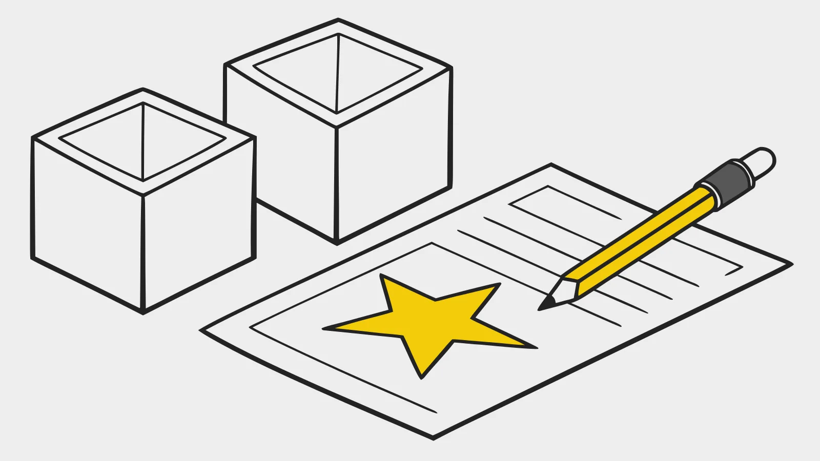 Illustration : deux cubes, une feuille et une étoile jaune avec un crayon
