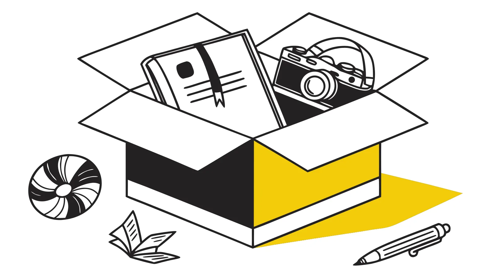 Illustration : une boîte ouverte qui révèle des objets racontant une histoire