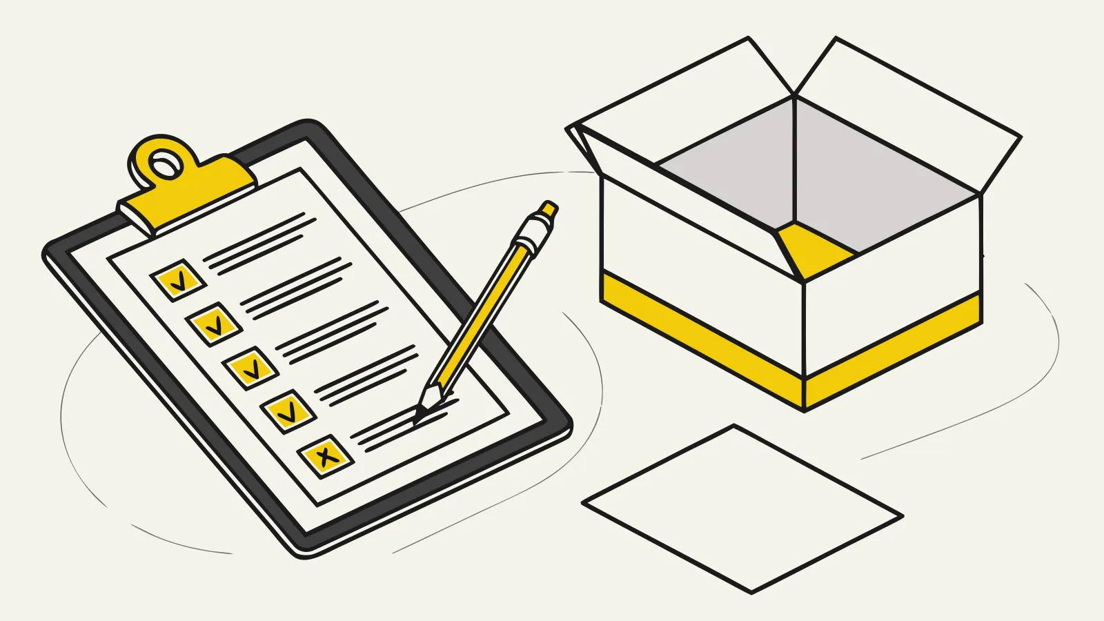 Illustration : un bloc-notes avec une liste cochée et un carton ouvert