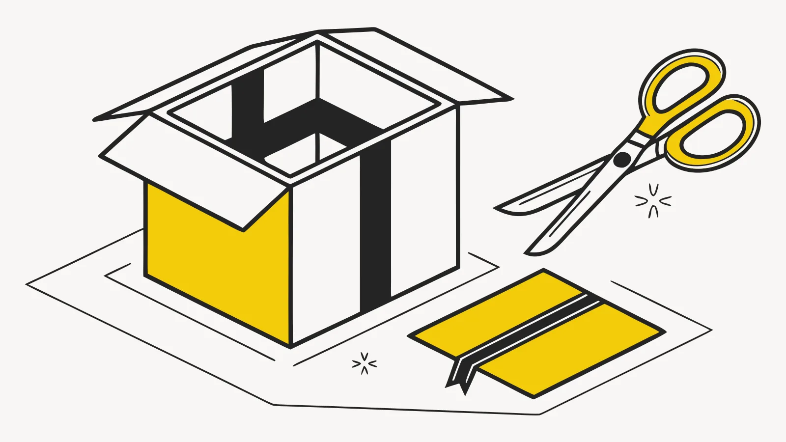 Illustration : une boîte plus compacte, des ciseaux et une chute de carton