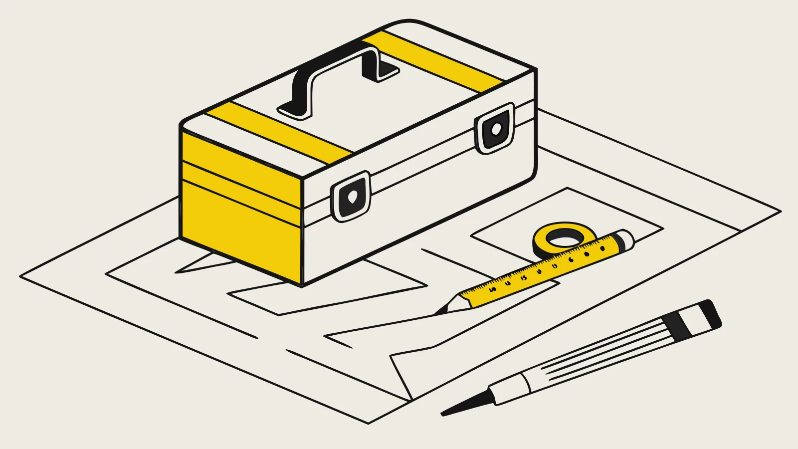 Illustration : une boîte à outils, une règle et un crayon