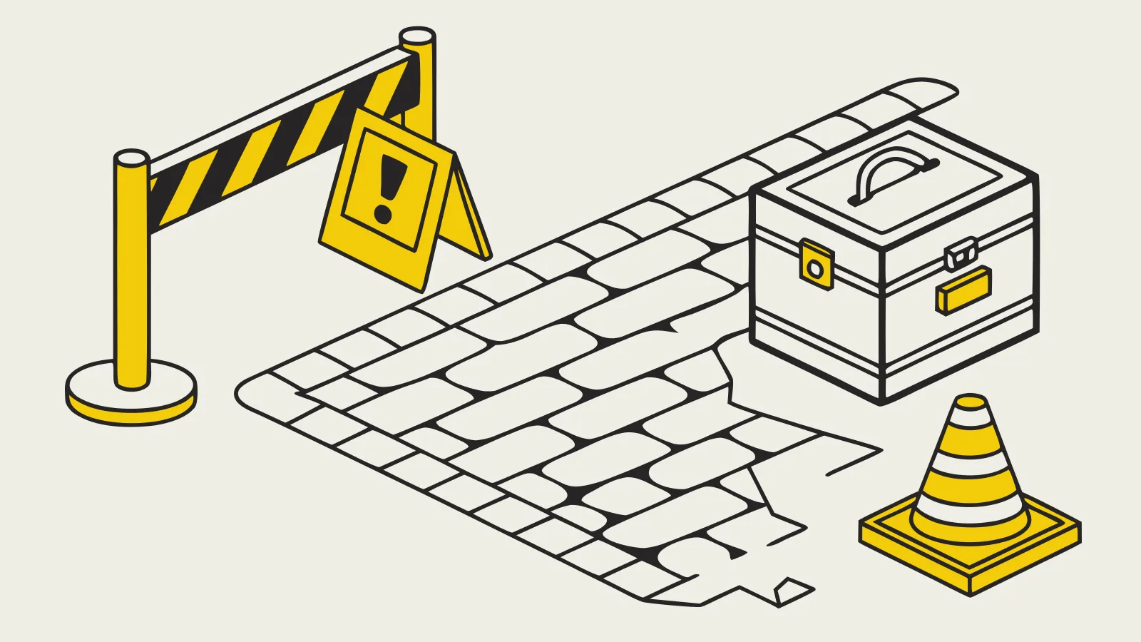 Illustration : un chemin pavé barré d’une barrière, un cône et une boîte à l’abri