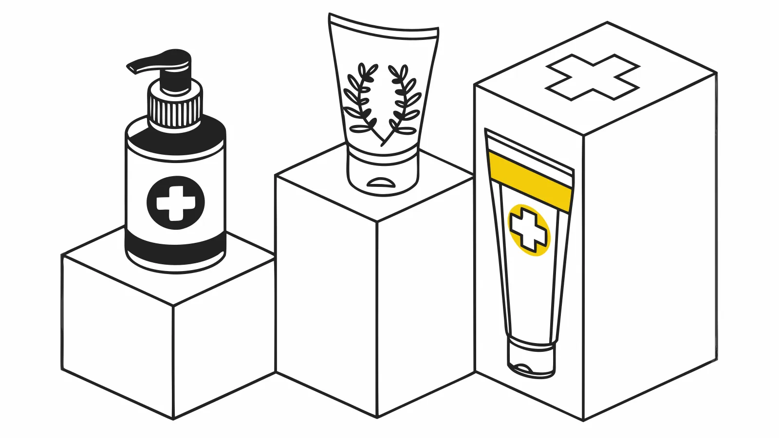 Illustration : un flacon, un tube et une boîte posés chacun sur un socle