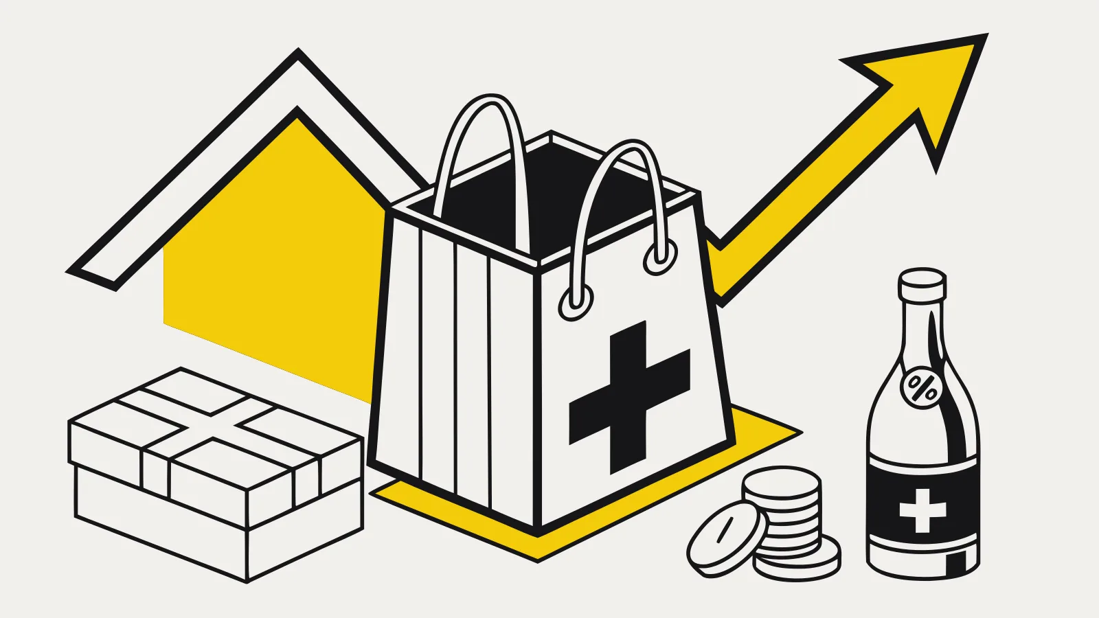Illustration : un sac et des emballages devant une flèche de croissance