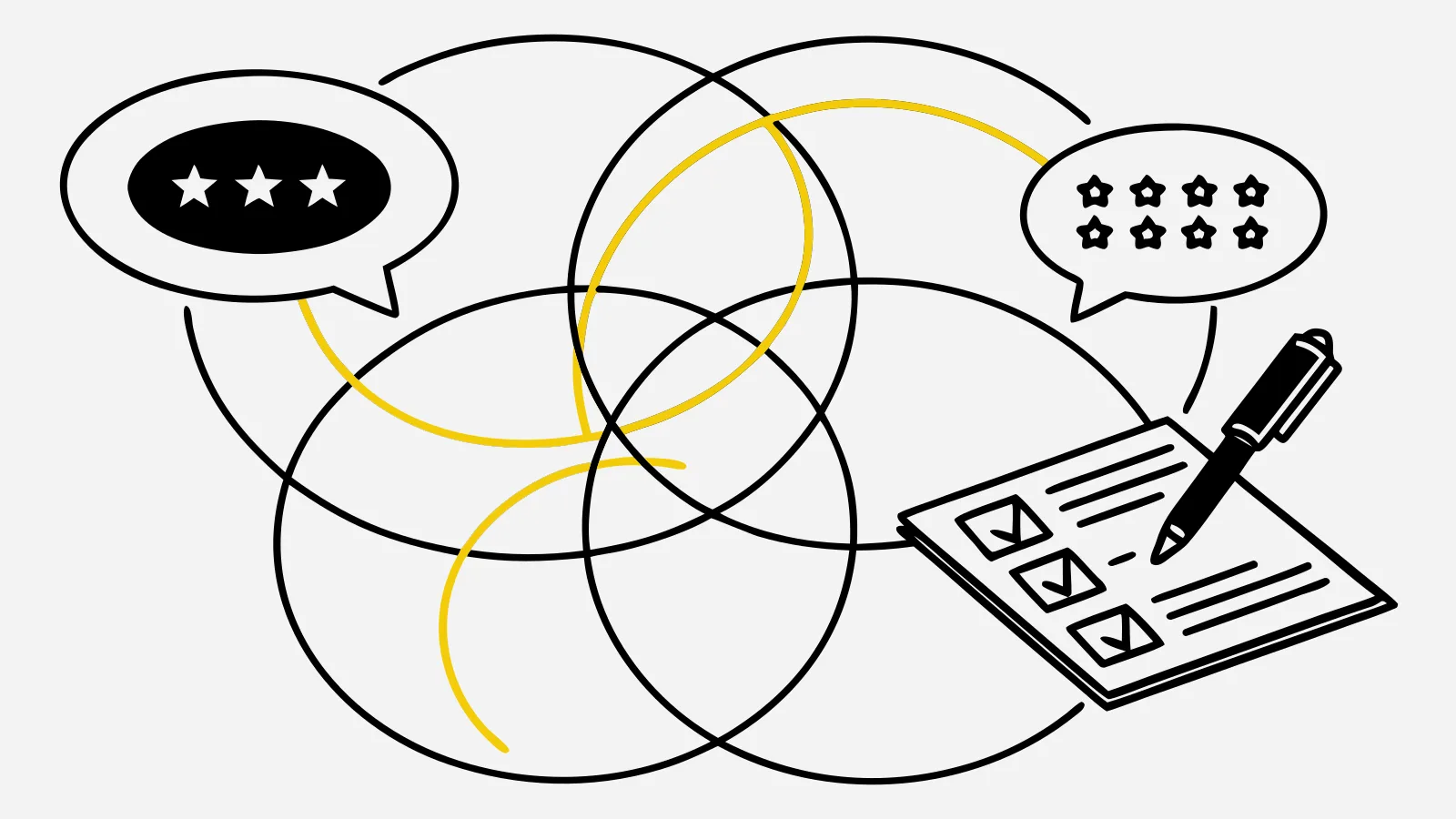 Illustration : des bulles d’avis clients et une fiche de notation