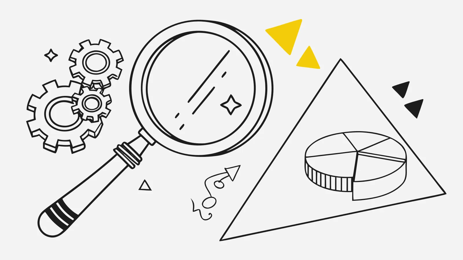 Illustration : une loupe, des engrenages et un graphique en secteurs