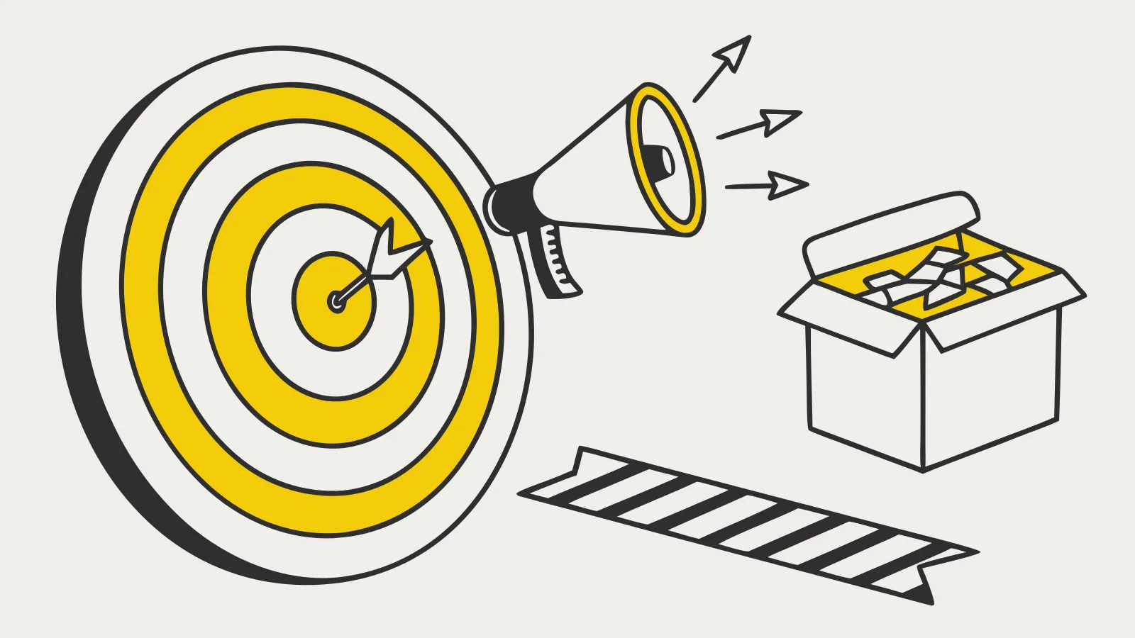 Illustration : une cible, un mégaphone et une boîte