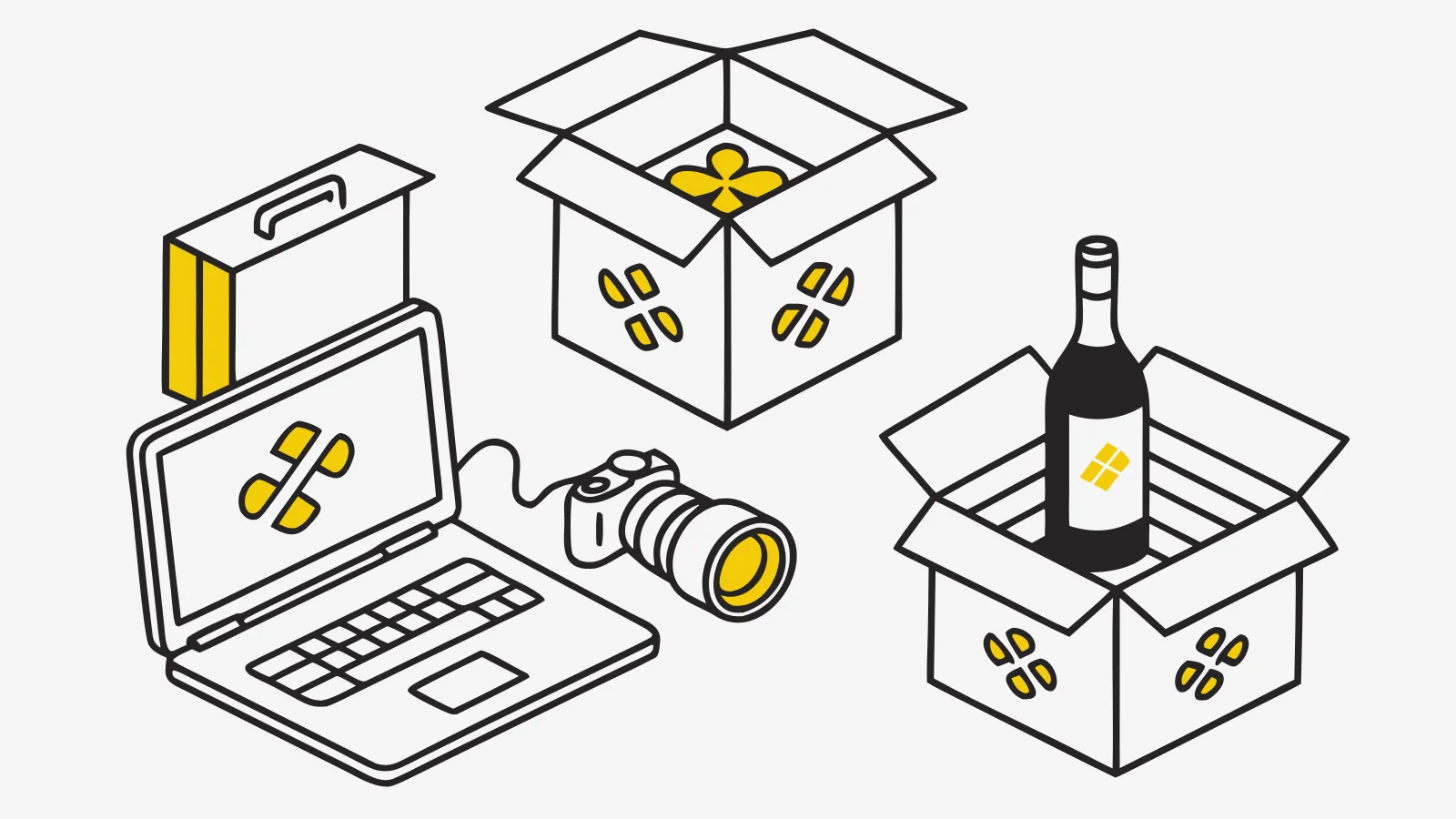 Illustration : un même emblème décliné sur plusieurs cartons, un ordinateur et un appareil photo