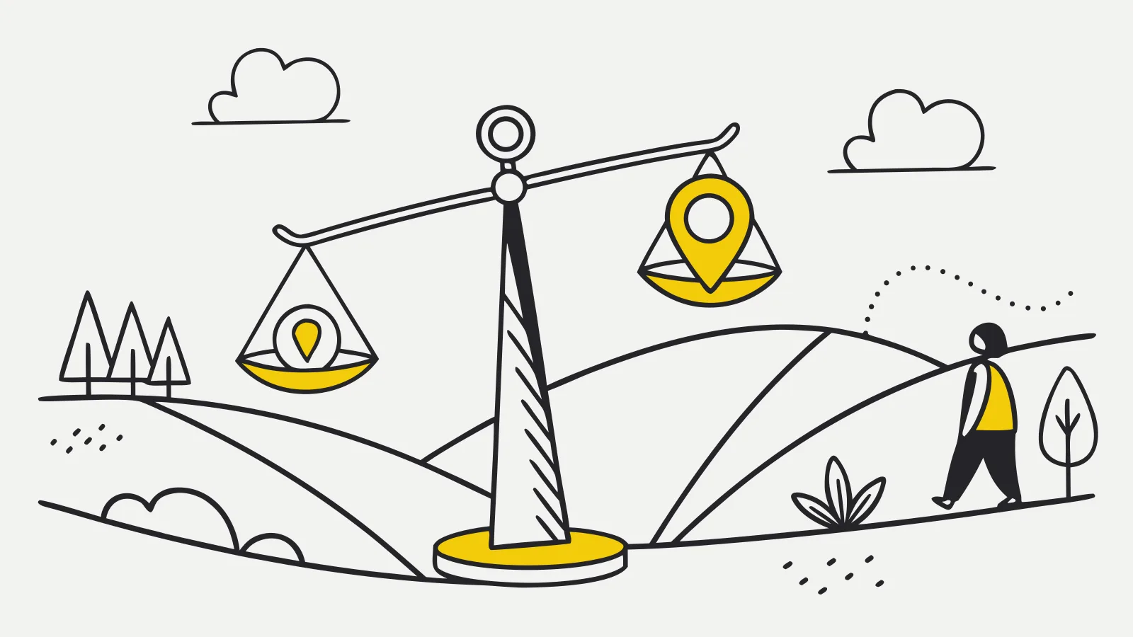 Illustration : une balance entre un repère local et un repère lointain, au-dessus de collines