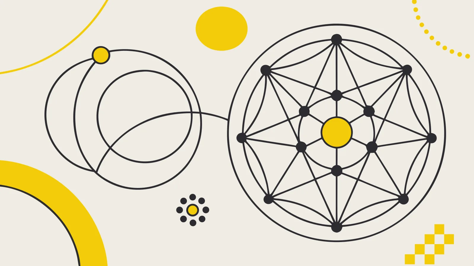 Illustration : un réseau de points reliés dans un cercle, avec un centre jaune