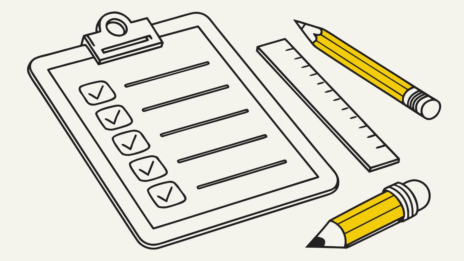 Illustration : une liste cochée sur un porte-documents, avec crayons et règle