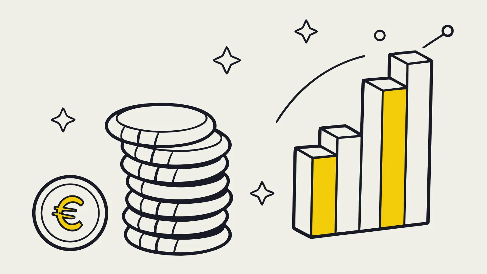 Illustration : une pile de pièces et un histogramme jaune en hausse