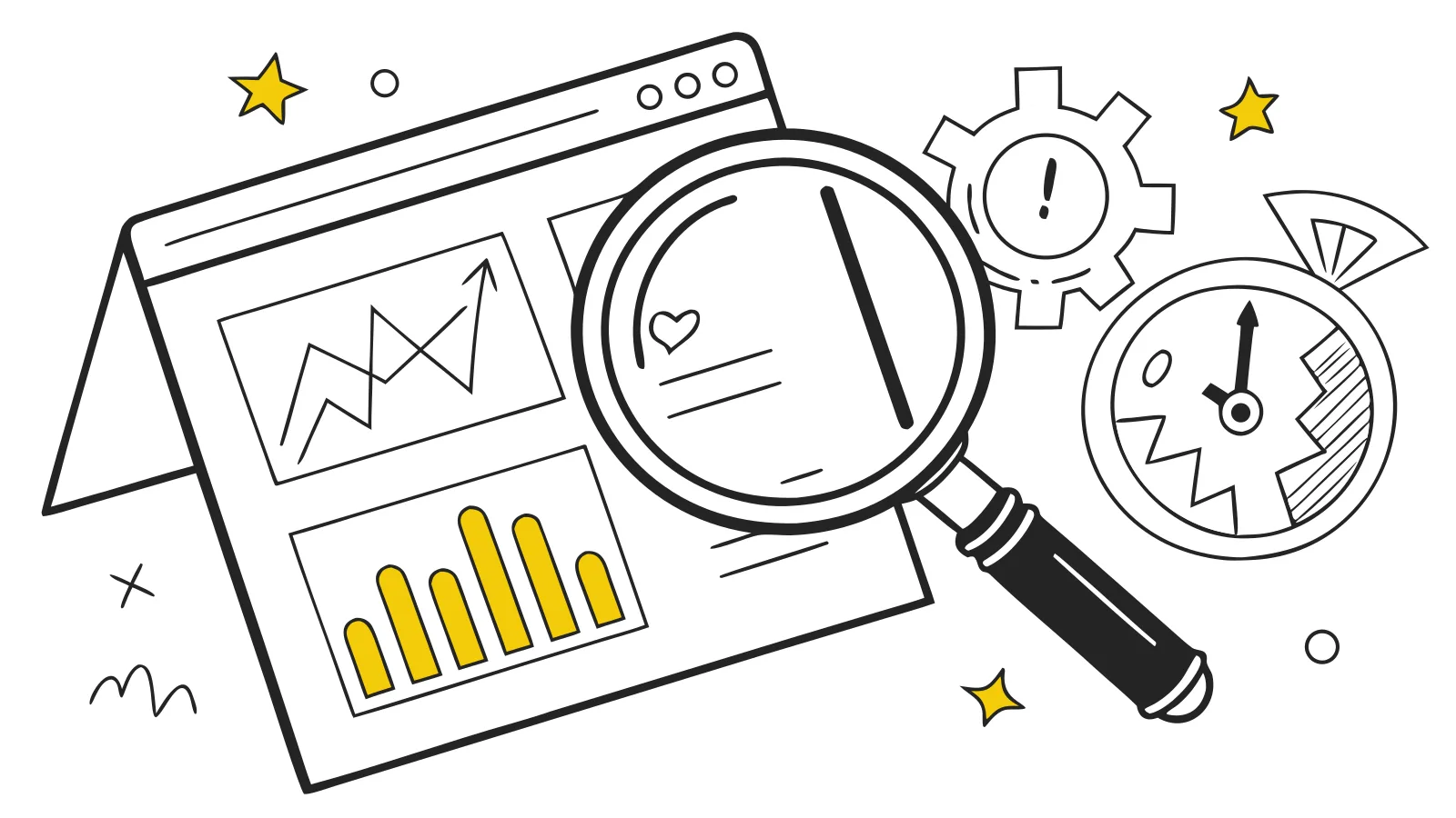 Illustration : une loupe sur des graphiques, avec un engrenage et un chronomètre