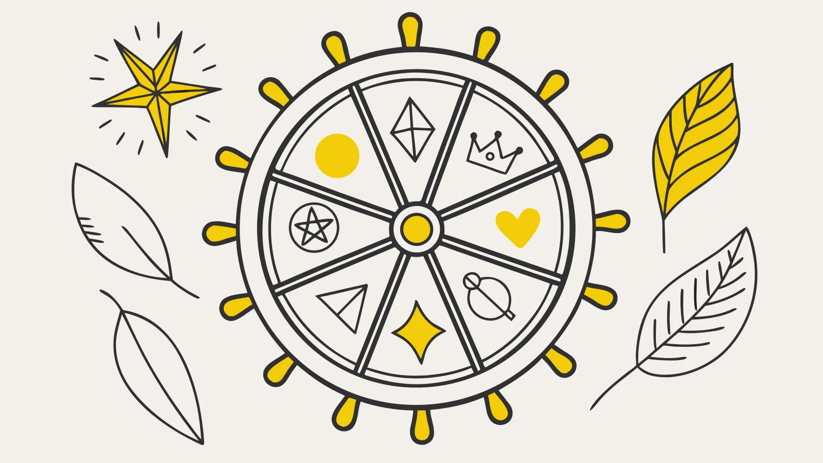 Illustration : une roue de douze symboles entourée de feuilles et d’une étoile
