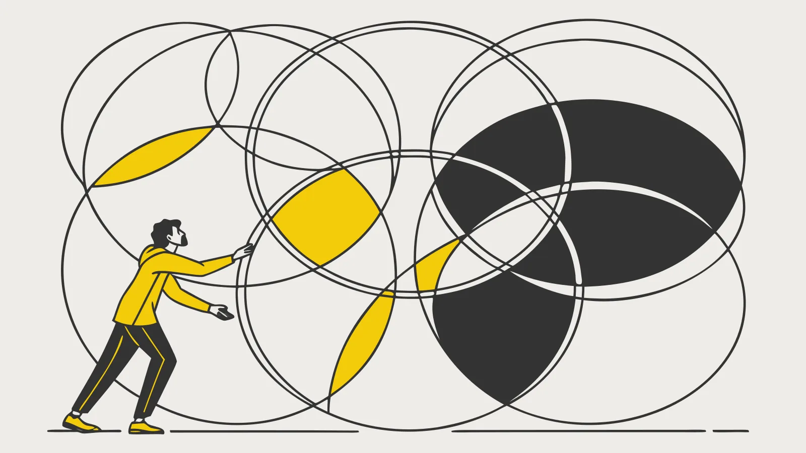 Illustration : une personne qui écarte des cercles superposés, certains en jaune ou en noir