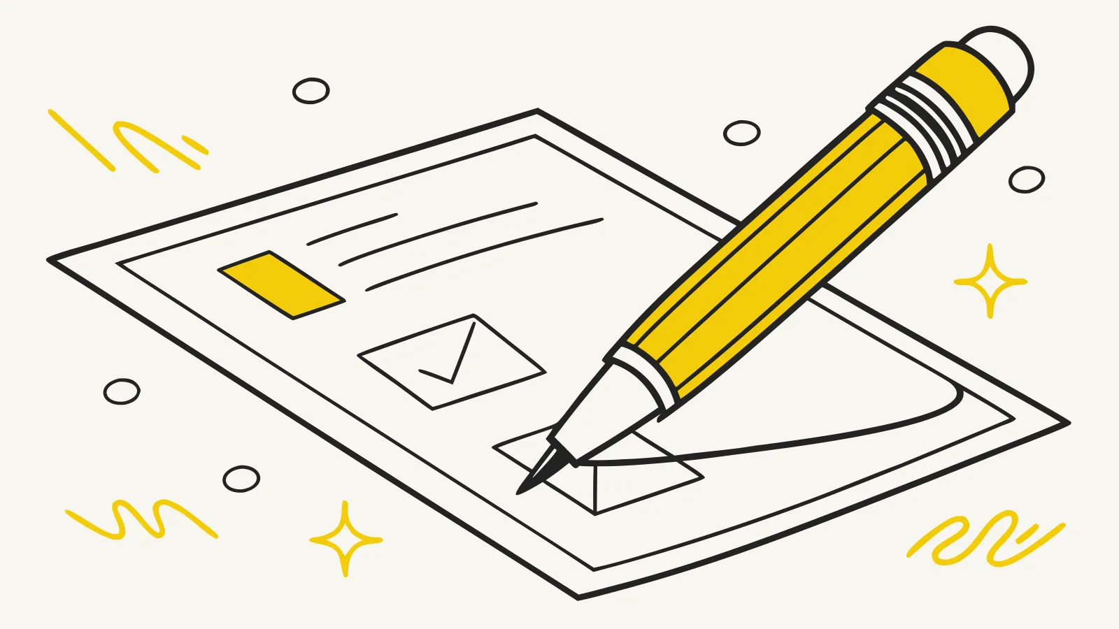 Illustration : un crayon jaune qui remplit une page de formulaire