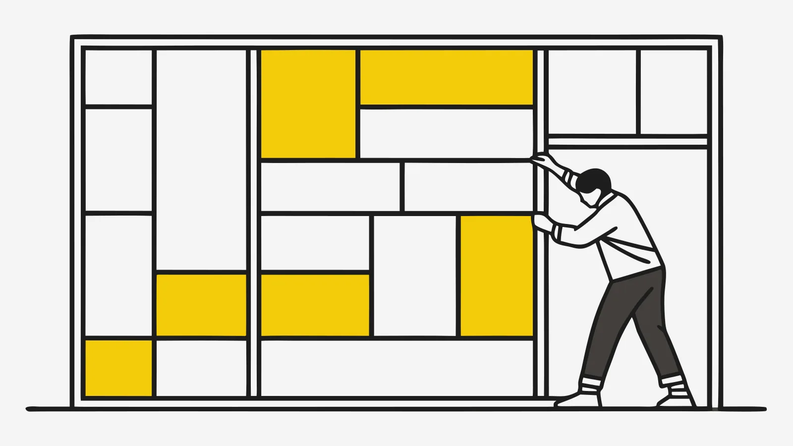 Illustration : une personne qui pousse un panneau de blocs de tailles différentes, certains en jaune