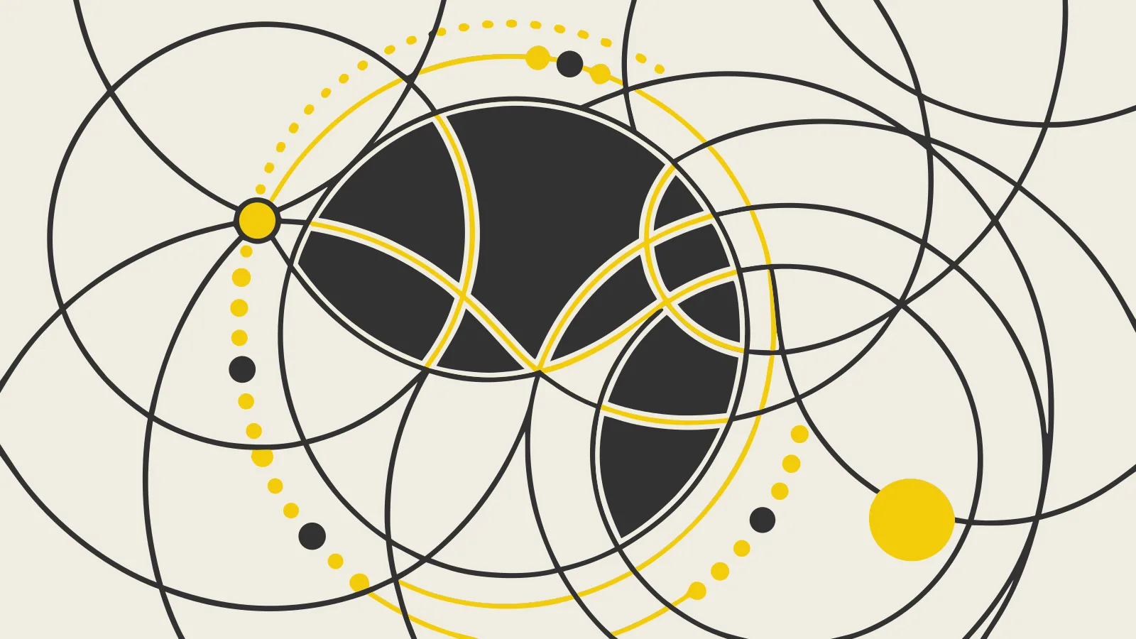 Illustration : des cercles entrelacés noirs et jaunes, entourés d’une orbite de points