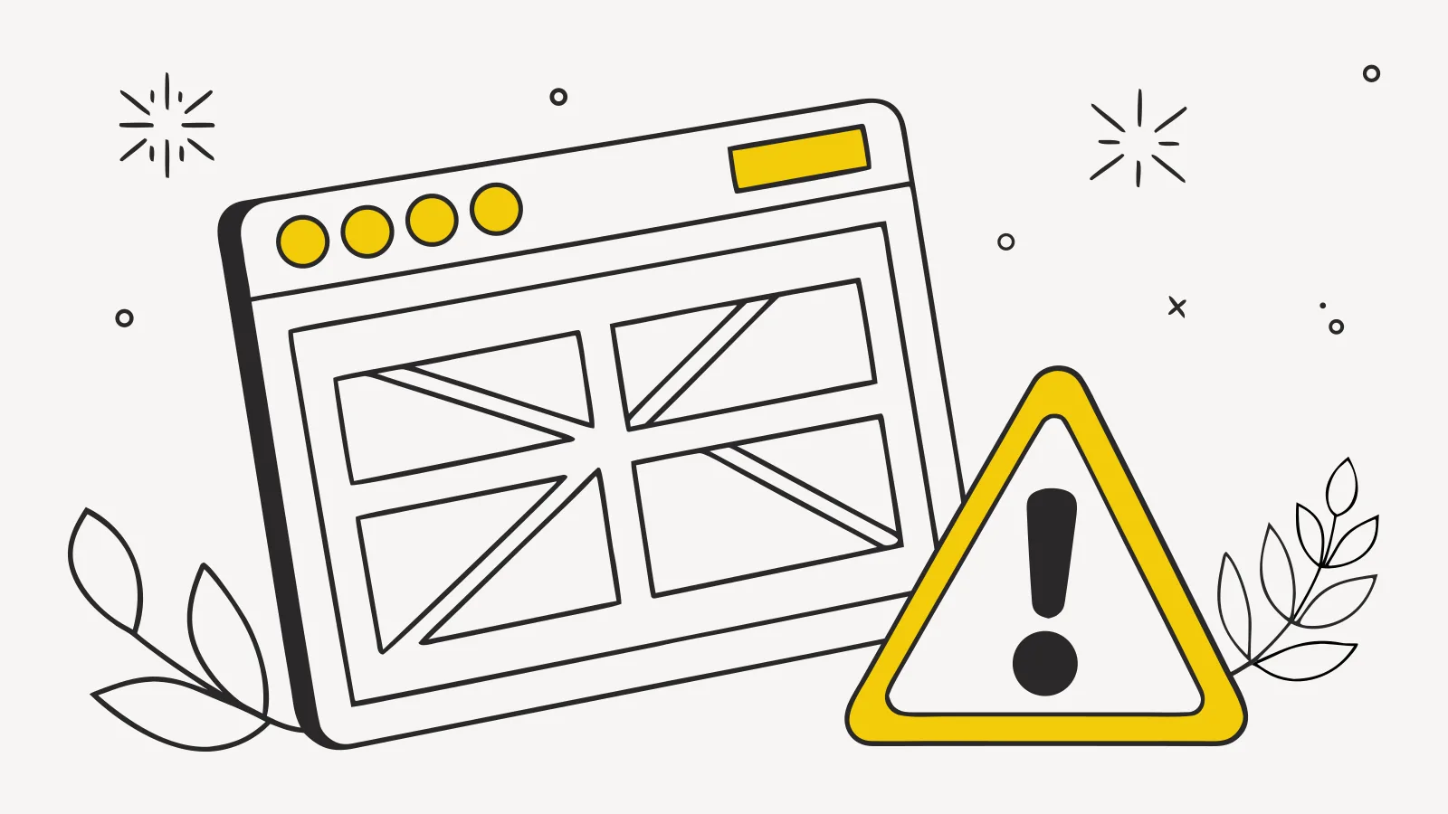 Illustration : une page web en maquette à côté d’un panneau d’alerte jaune