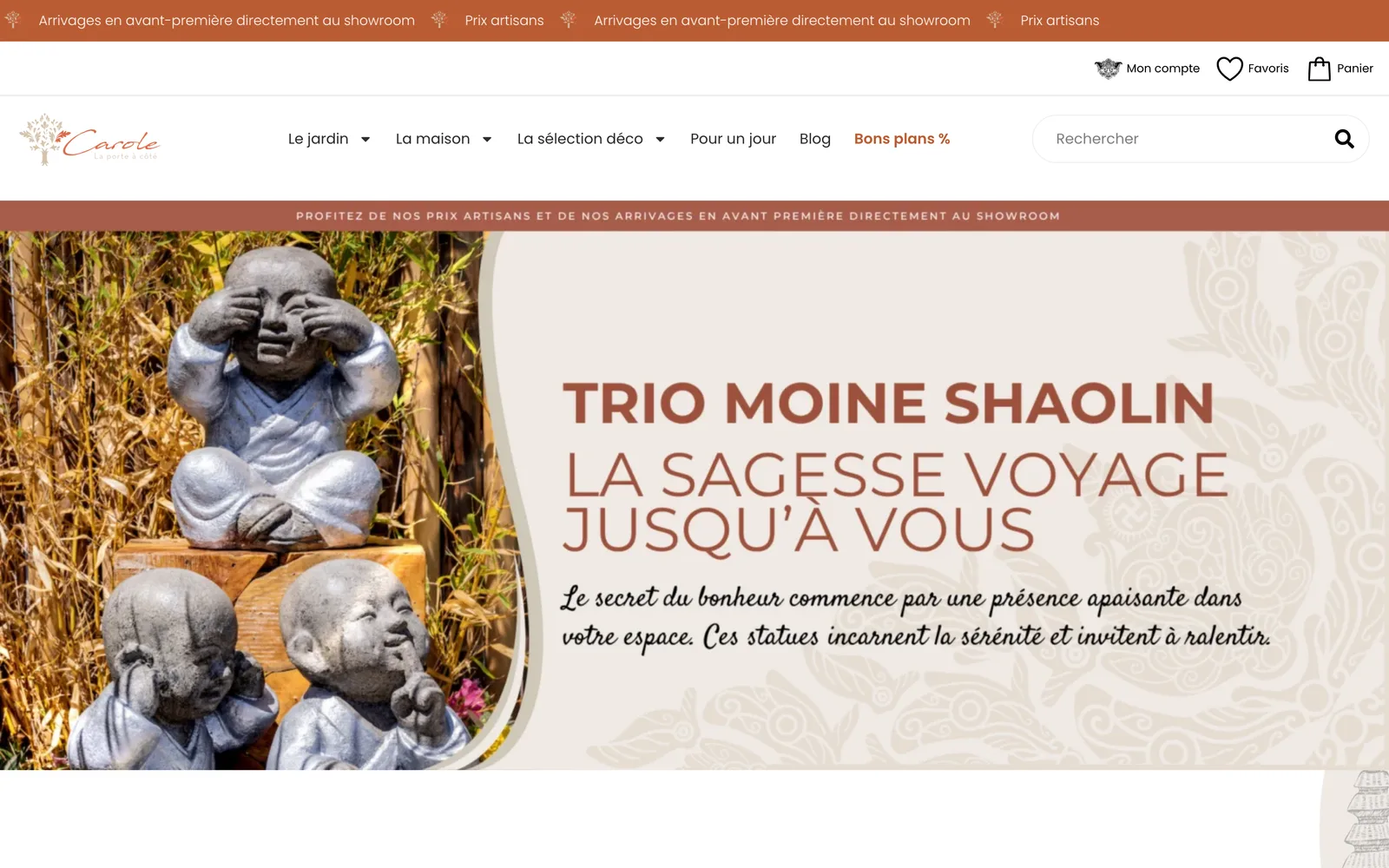 L’accueil de la boutique Carole La Porte à Côté sur ordinateur, avec le menu jardin, maison et sélection déco