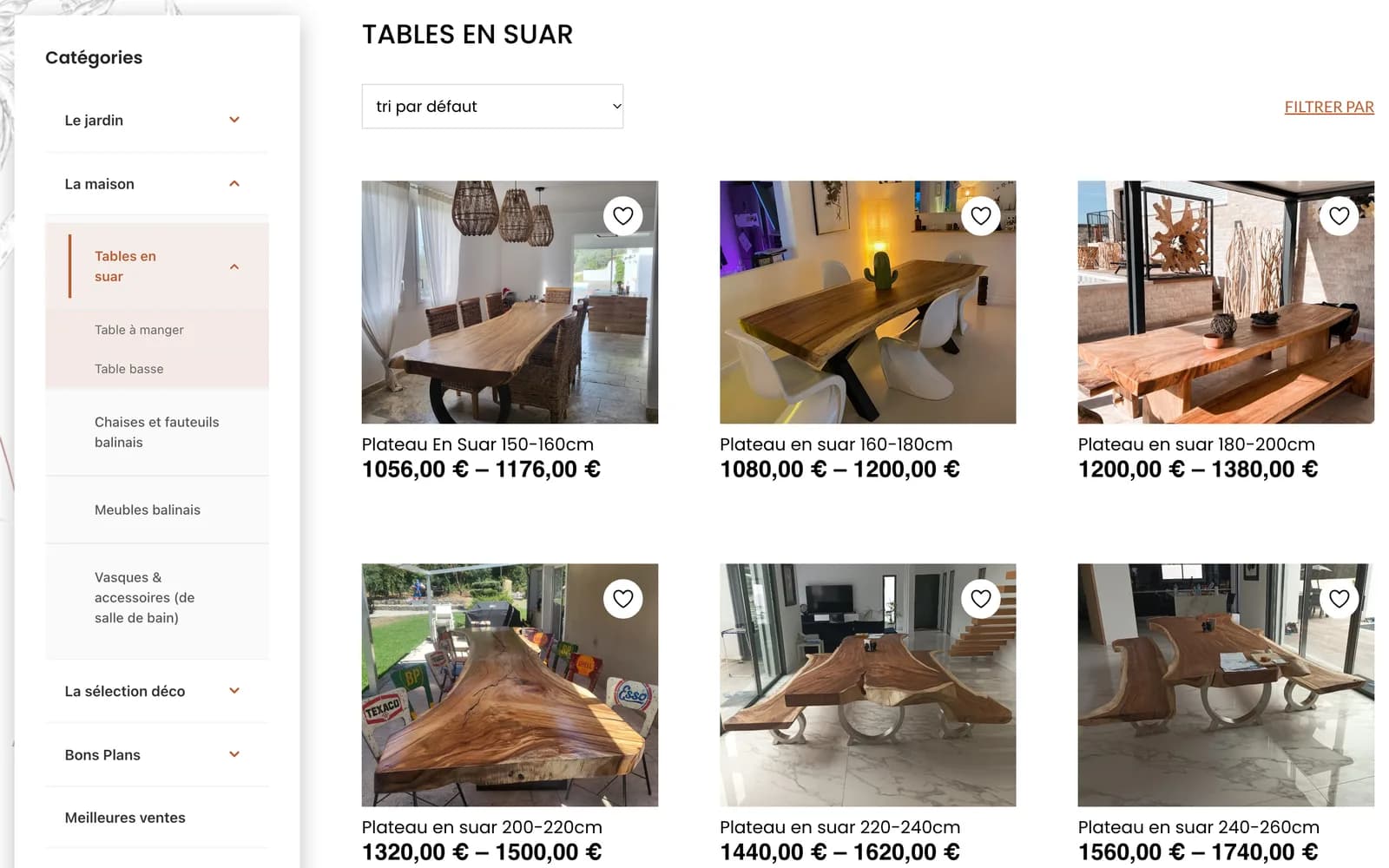 La catégorie tables en suar, avec filtres et prix par dimension