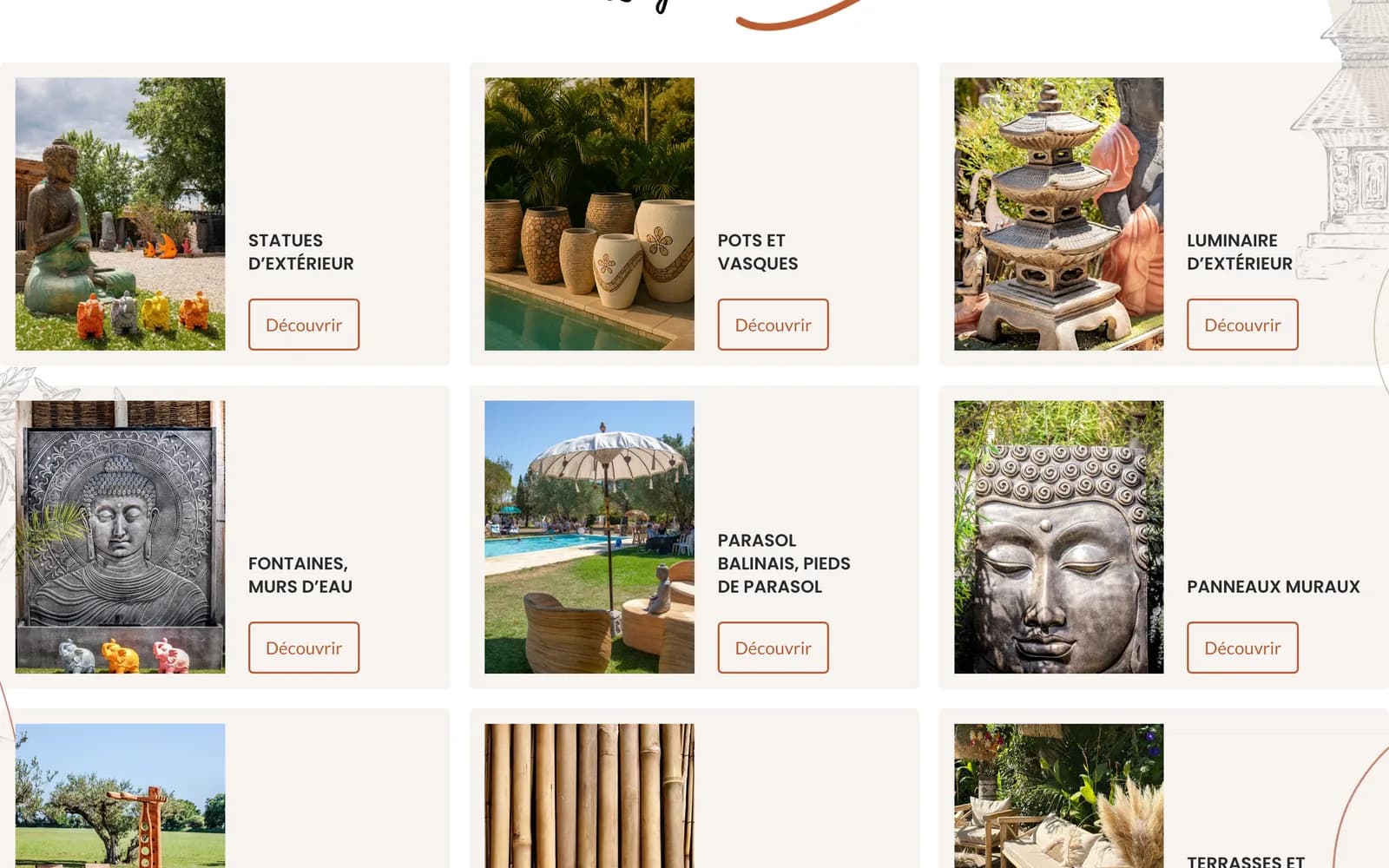 Les catégories jardin de la boutique : statues, pots et vasques, luminaires, fontaines, parasols balinais