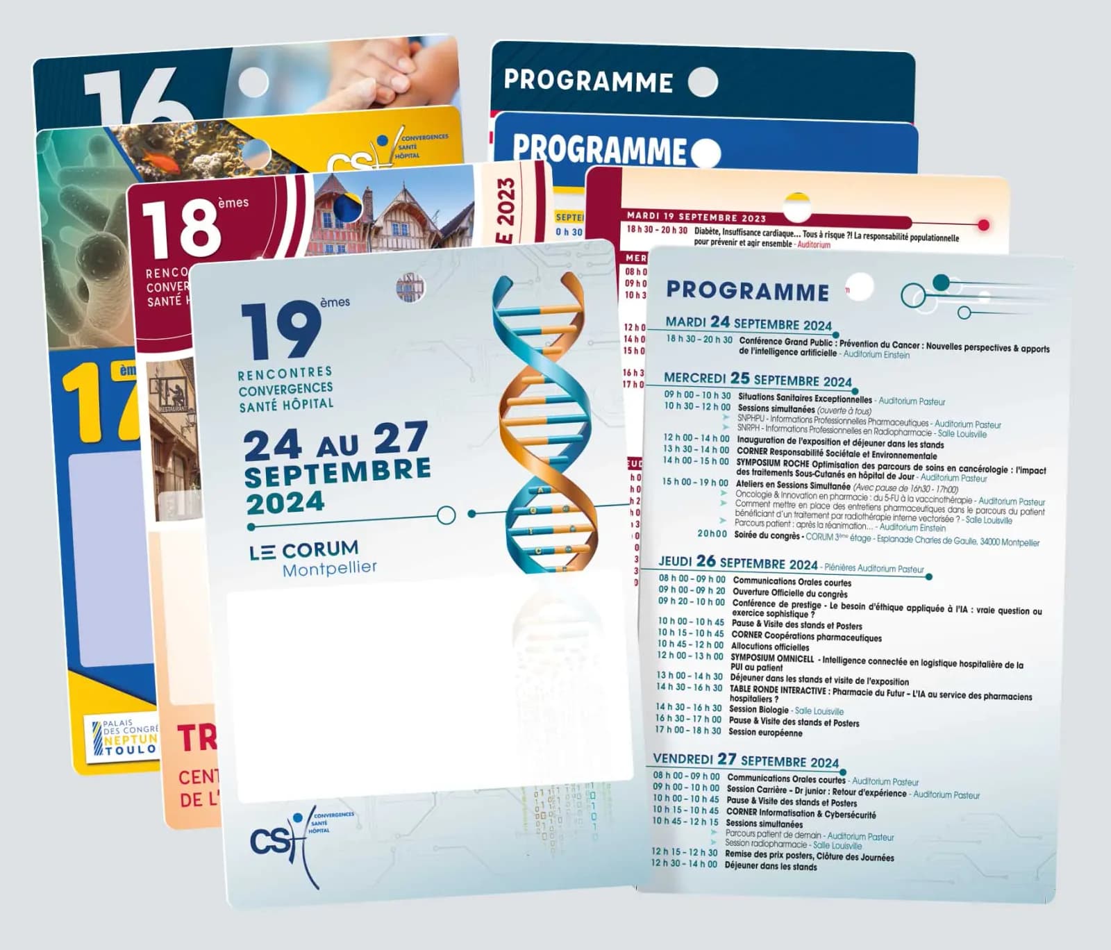 Badges et programmes des Rencontres Convergences Santé Hôpital, de la 16e à la 19e édition
