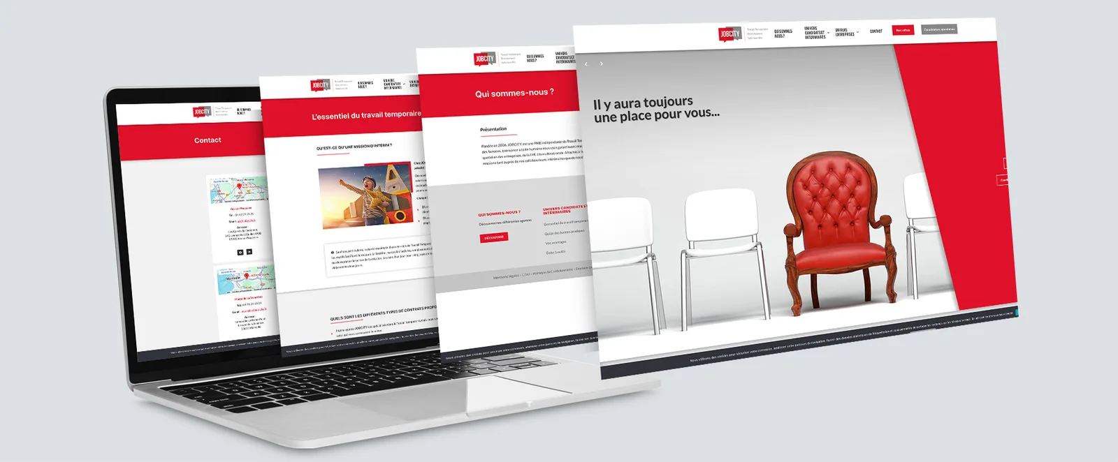 Pages d’accueil et de présentation du site Jobcity sur ordinateur