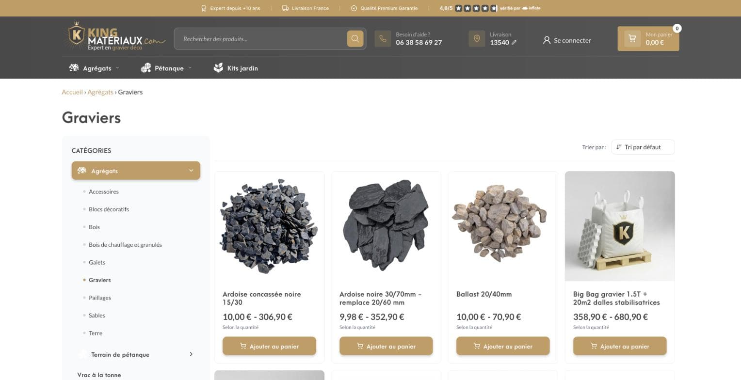 Page catégorie Graviers du site King Matériaux avec filtres