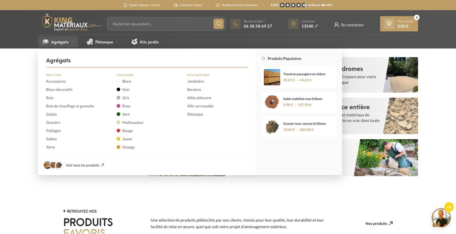 Mega menu Agrégats du site King Matériaux