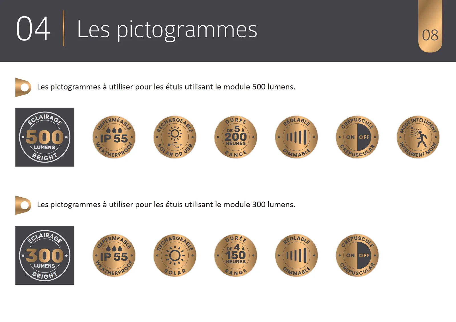 Pictogrammes dorés des modules 500 et 300 lumens Les Jardins Solar Lighting